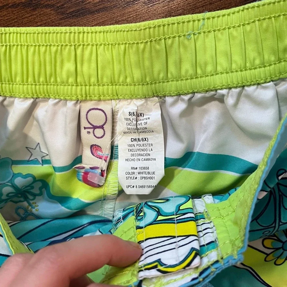 y2k KIDS girls ocean pacific blue & green hibiscus print board swim shorts small